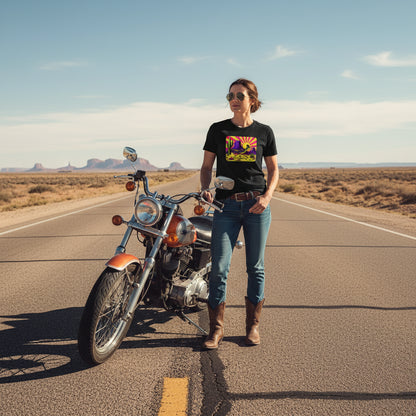Neon Roadrunner Monument Valley graphic tee worn in the Southwest desert