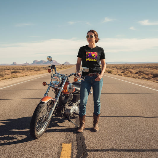 Neon Roadrunner Monument Valley graphic tee worn in the Southwest desert