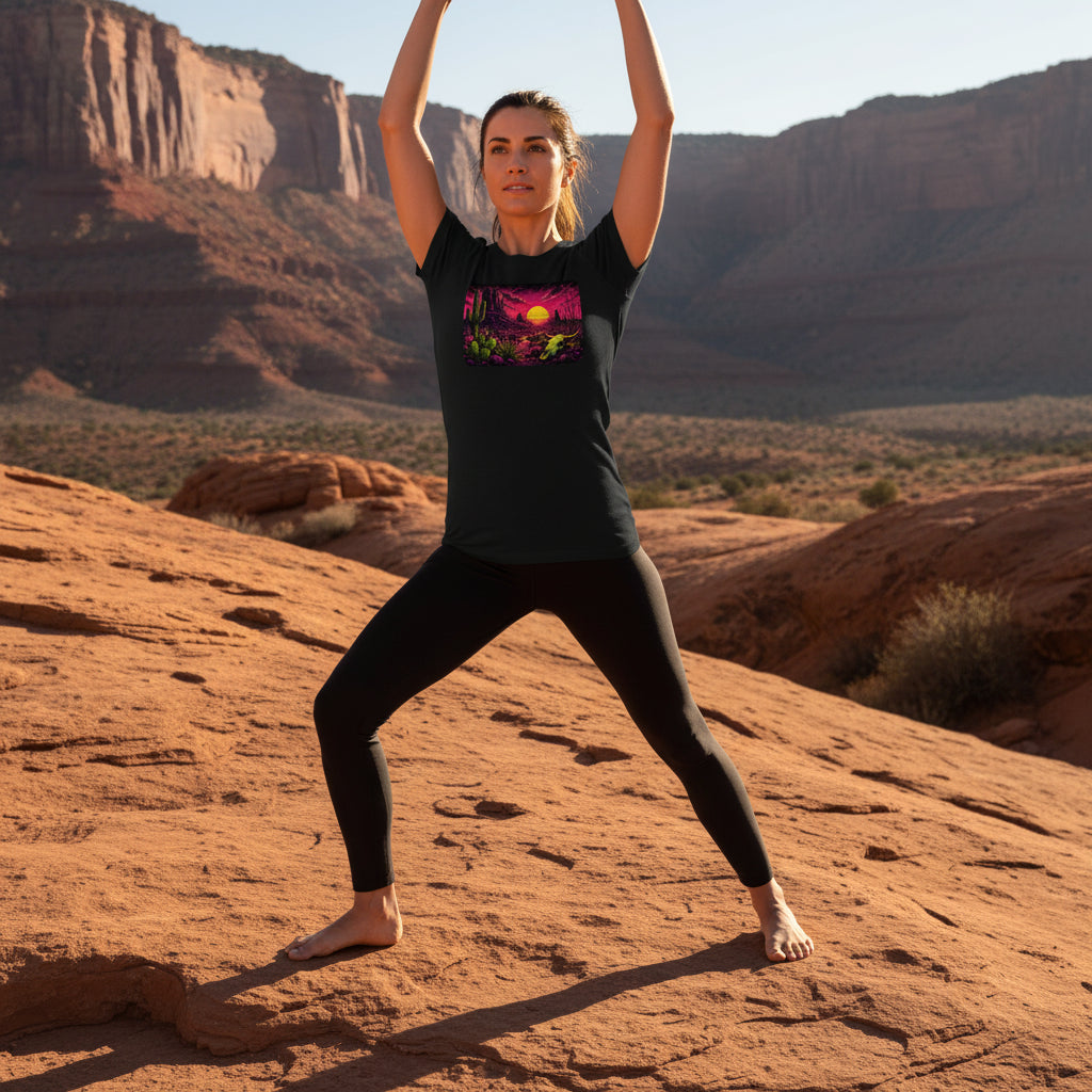 Blacklight Desert Skull Sunset graphic tee worn in the Southwest desert