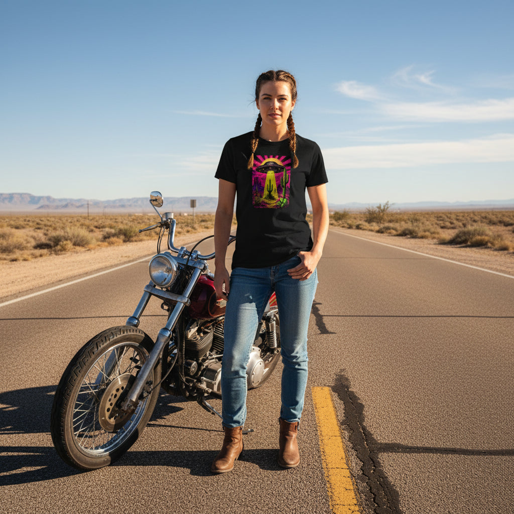 Neon Beam Desert UFO graphic tee worn in the Southwest desert