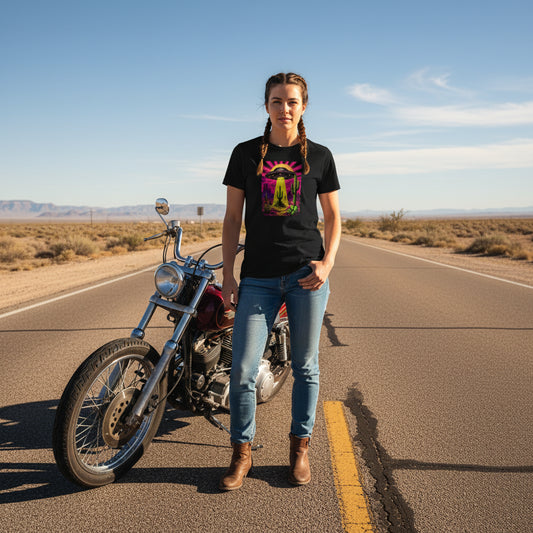 Neon Beam Desert UFO graphic tee worn in the Southwest desert