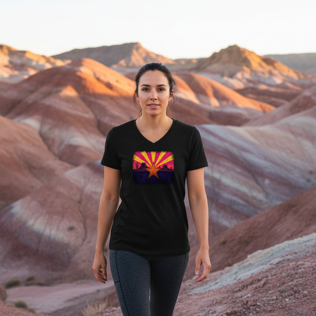 Neon Arizona Flag Star graphic V-neck tee worn in the Southwest desert