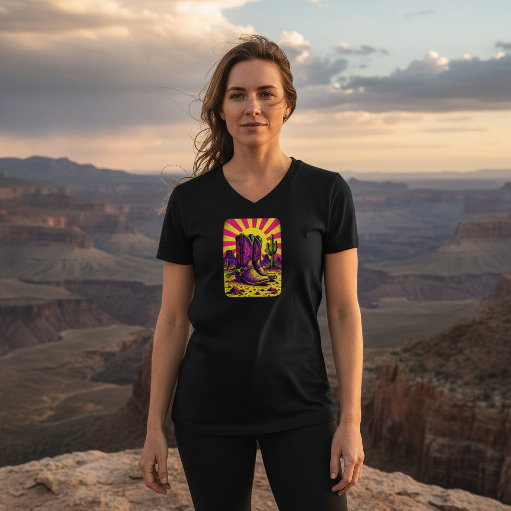 Neon Burst Cowboy Boots graphic V-neck tee worn in the Southwest desert