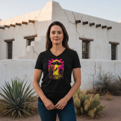 Neon Cow Abduction graphic V-neck tee worn in the Southwest desert