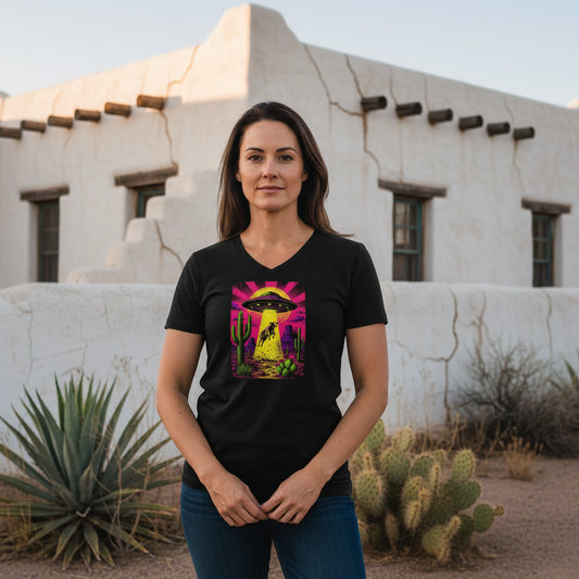 Neon Cow Abduction graphic V-neck tee worn in the Southwest desert