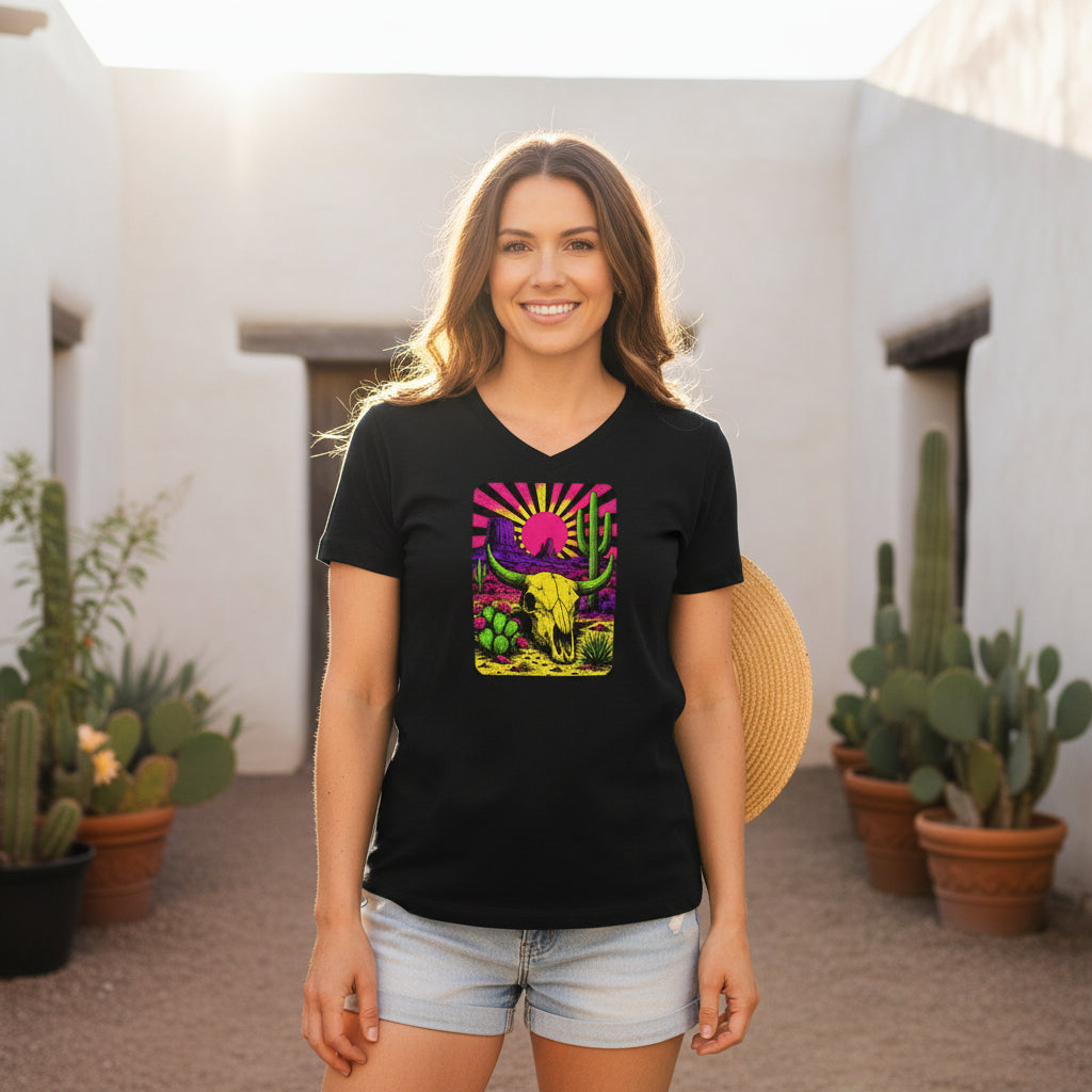 Neon Blacklight Cow Skull graphic V-neck tee worn in the Southwest desert