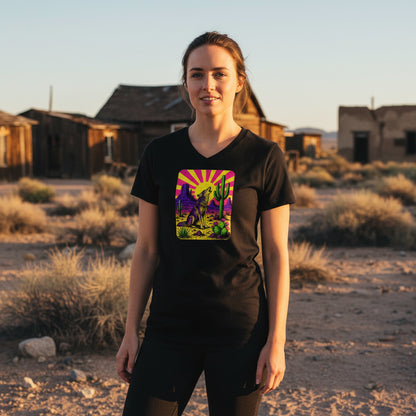 Neon Sunburst Coyote graphic V-neck tee worn in the Southwest desert