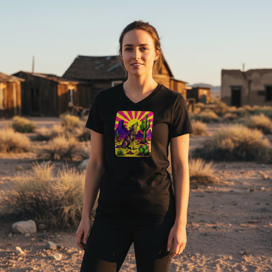 Neon Sunburst Coyote graphic V-neck tee worn in the Southwest desert