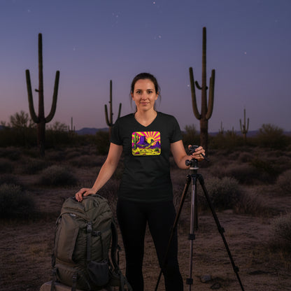 Neon Roadrunner Monument Valley graphic V-neck tee worn in the Southwest desert