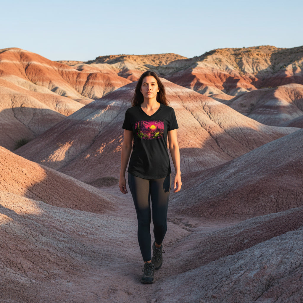Blacklight Desert Sunset graphic V-neck tee worn in the Southwest desert