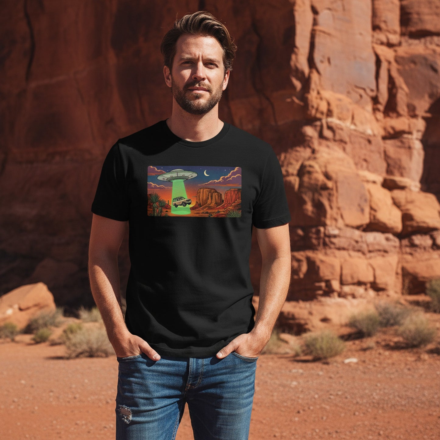 Desert Abduction Cruiser graphic tee worn in the Southwest desert