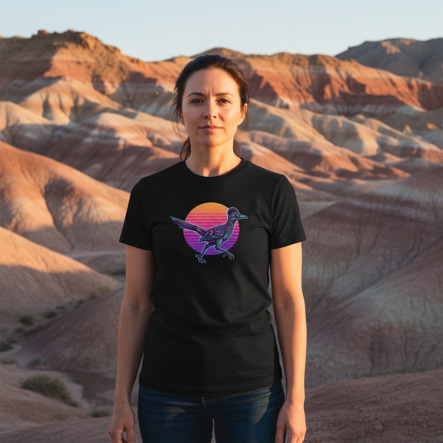 Synthwave Roadrunner Sunset graphic tee worn in the Southwest desert