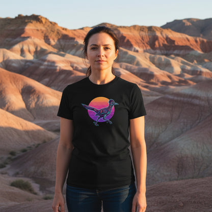 Synthwave Roadrunner Sunset graphic tee worn in the Southwest desert