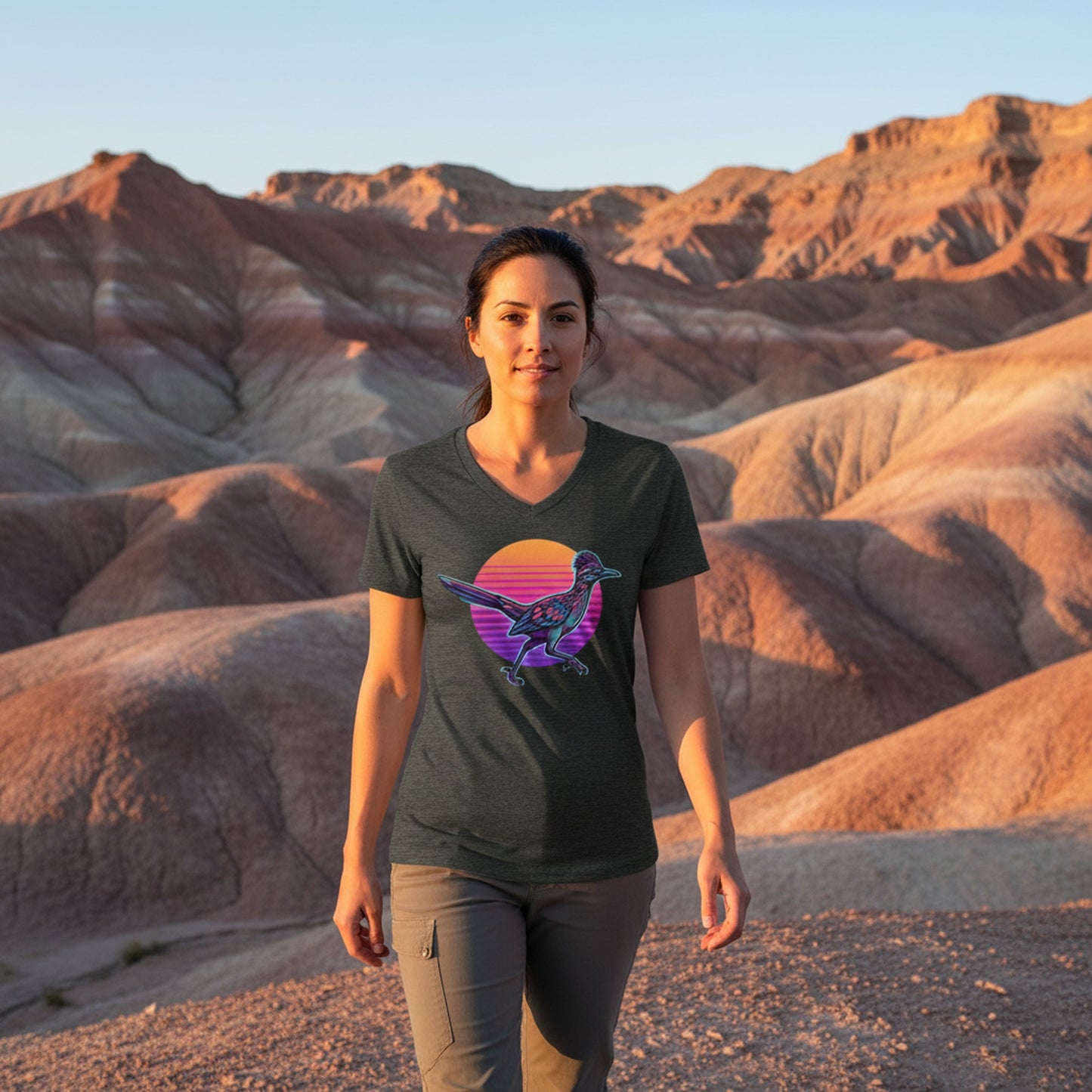 Synthwave Roadrunner Sunset graphic V-neck tee worn in the Southwest desert