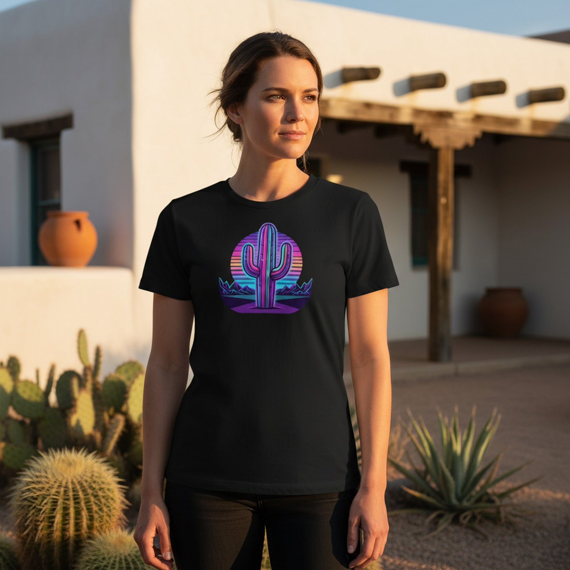Neon Saguaro Synthwave graphic tee worn in the Southwest desert