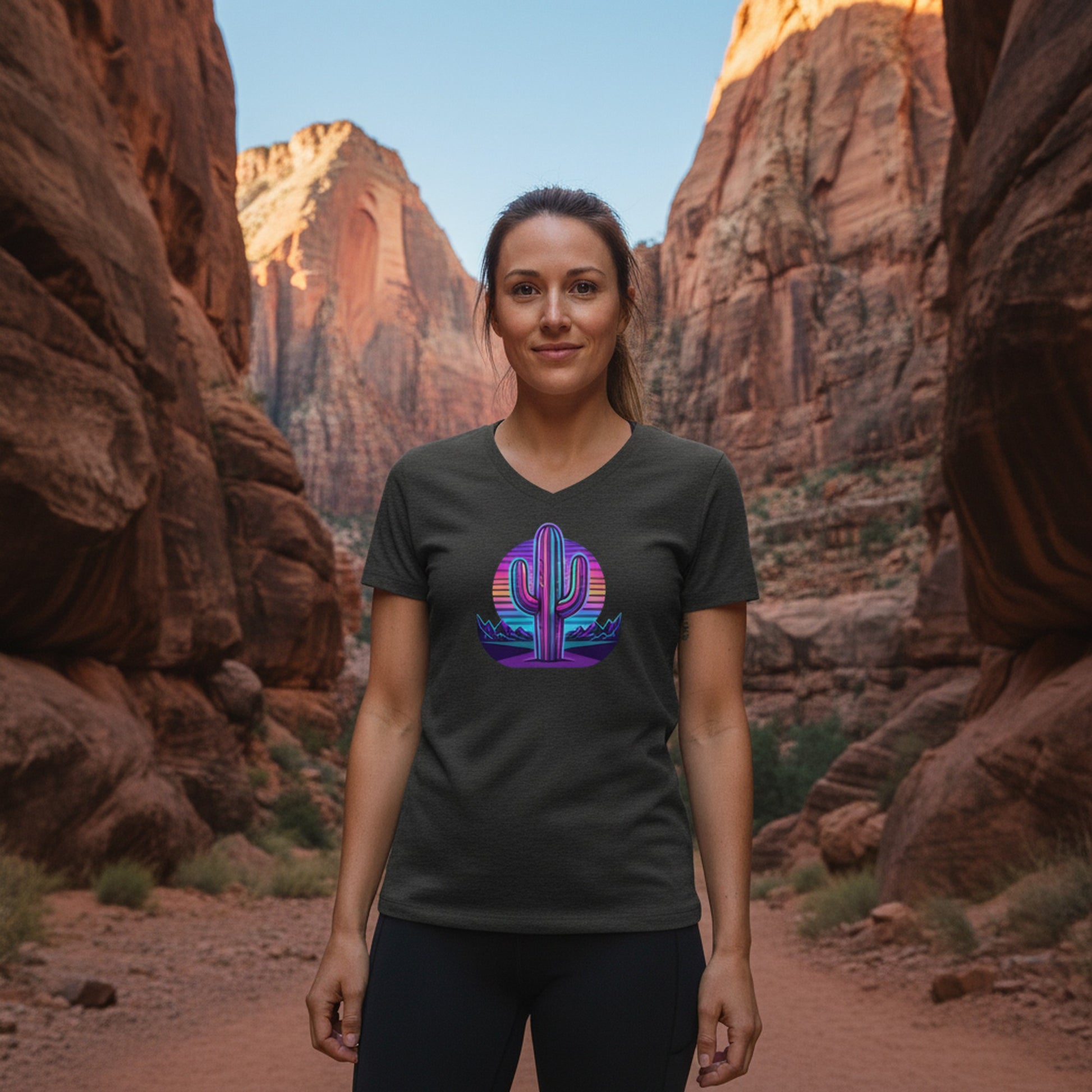 80S Neon Gradient Saguaro graphic V-neck tee worn in the Southwest desert