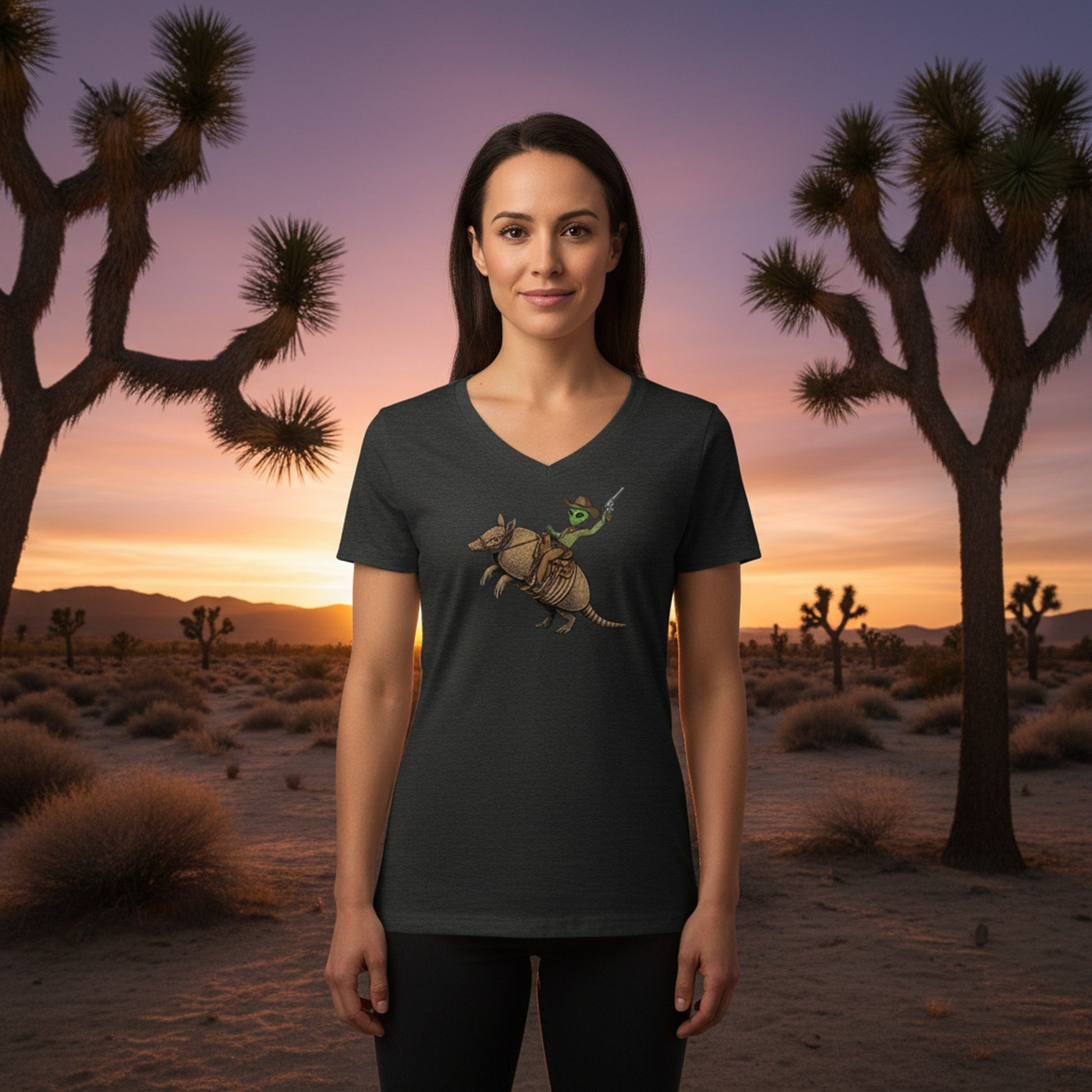 Alien Cowboy Armadillo Rider graphic V-neck tee worn in the Southwest desert