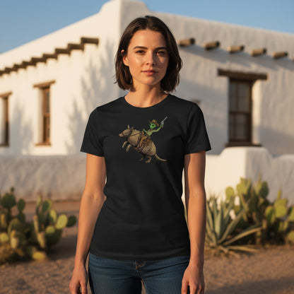 Alien Cowboy Armadillo Rider graphic tee worn in the Southwest desert