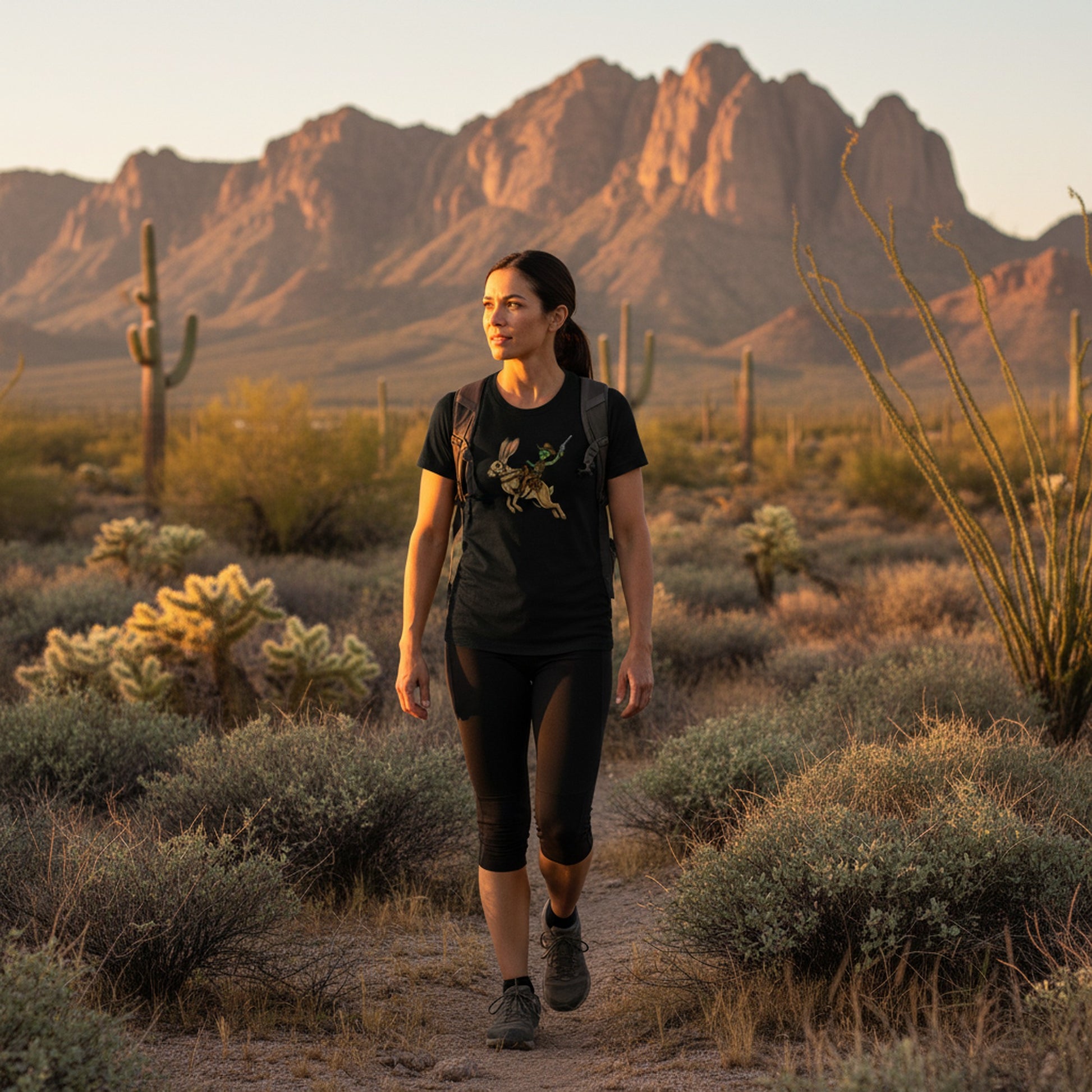 Alien Cowboy Jack Rabbit graphic tee worn in the Southwest desert
