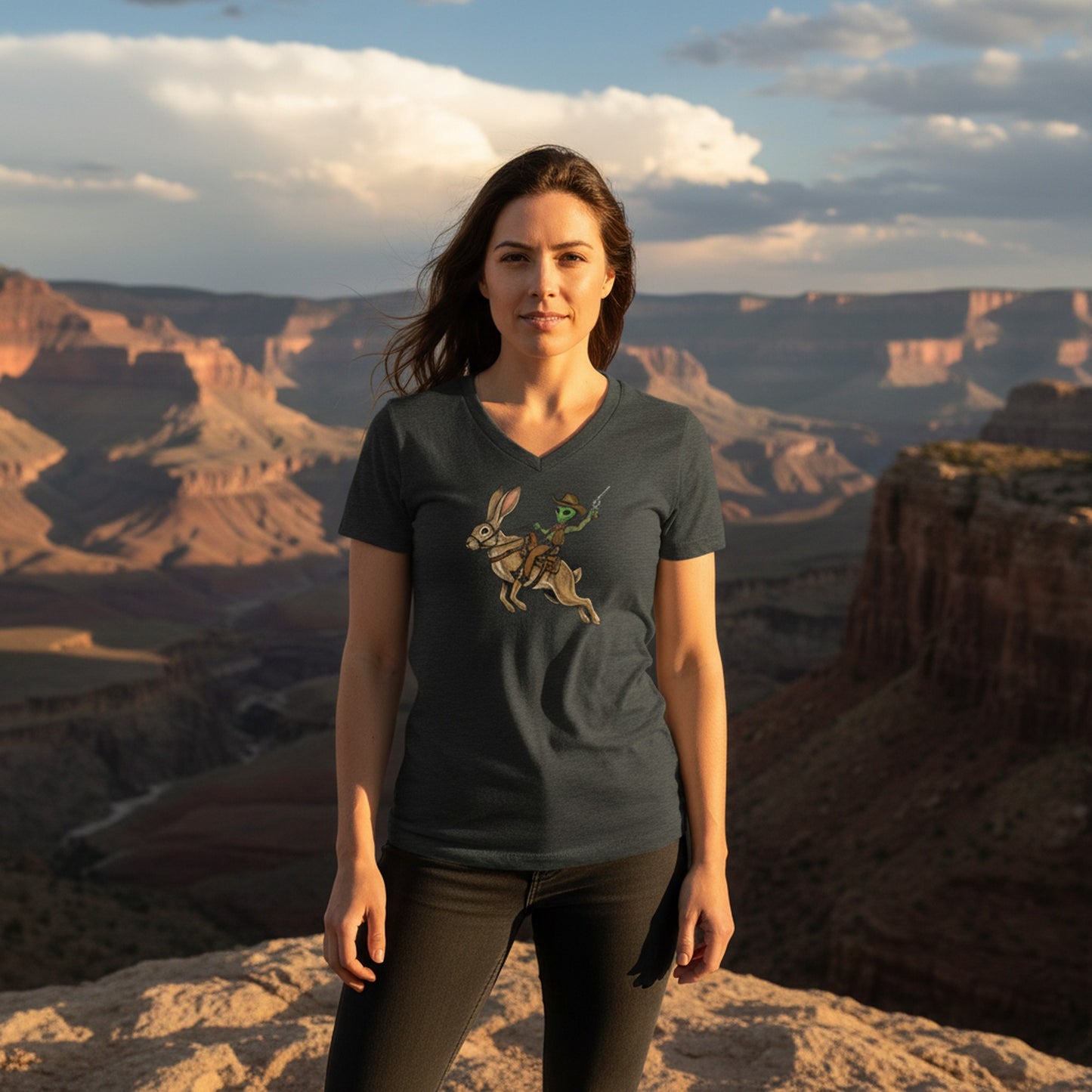 Alien Cowboy on a Desert Hare graphic V-neck tee worn in the Southwest desert