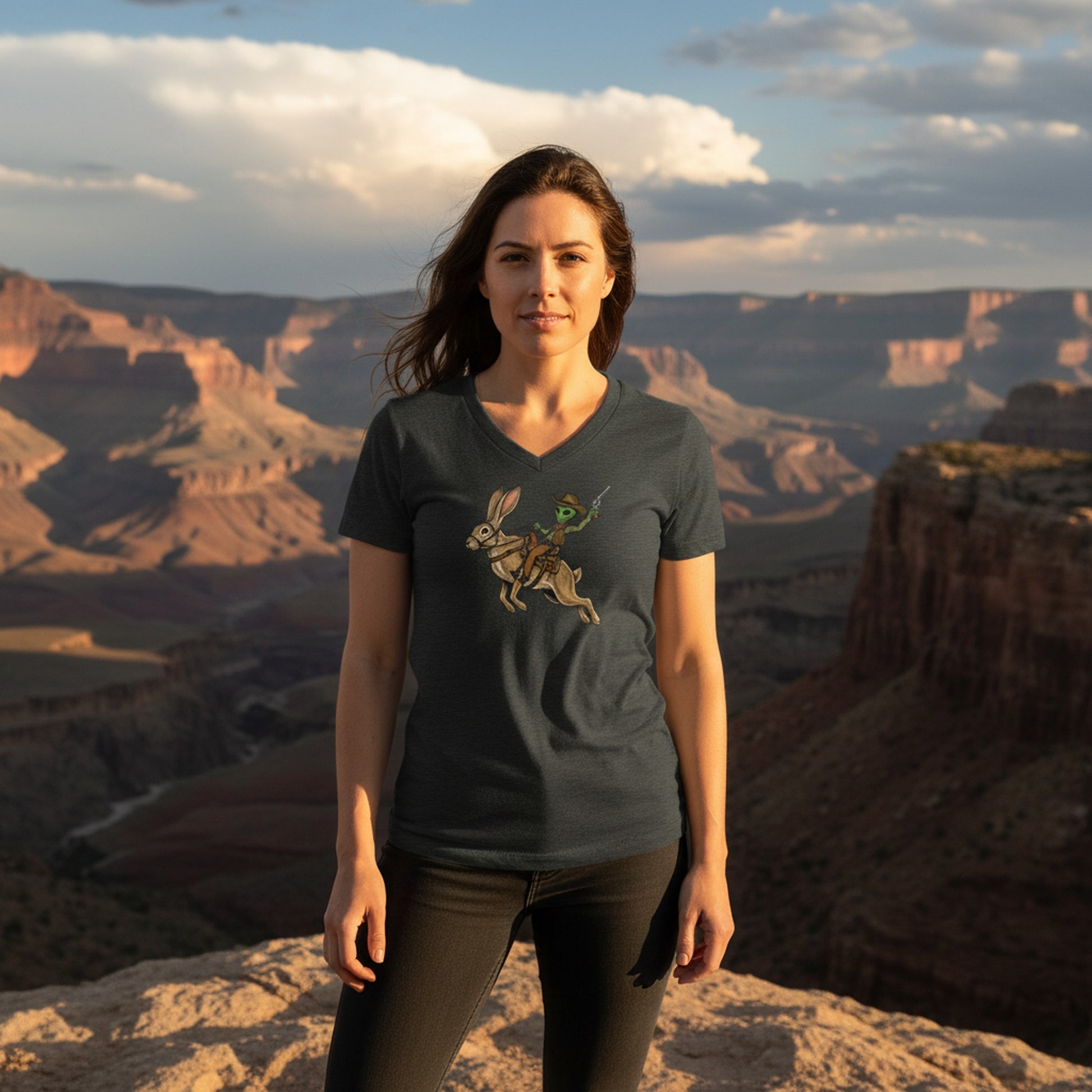 Alien Cowboy on a Desert Hare graphic V-neck tee worn in the Southwest desert