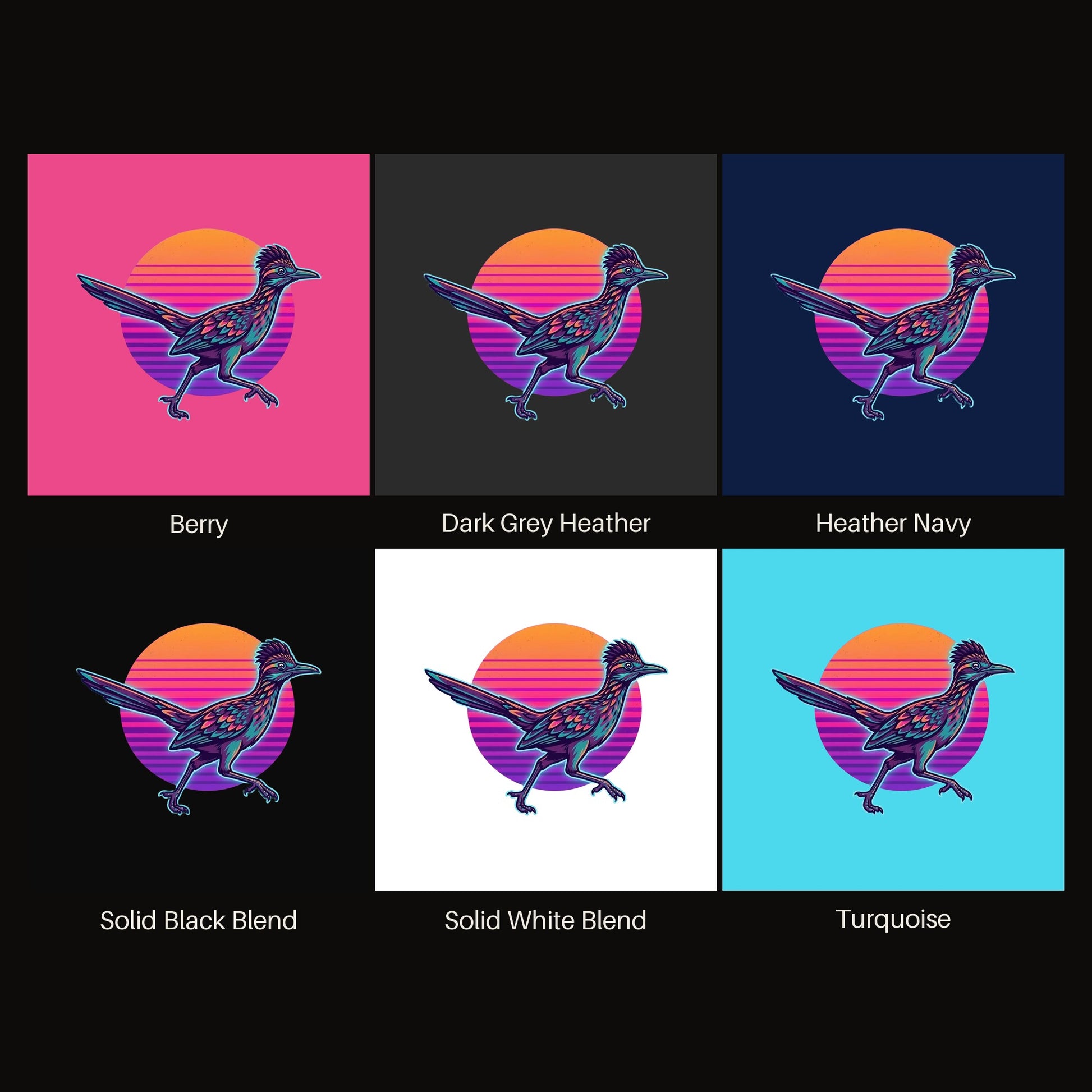 Synthwave Roadrunner Sunset V-neck tee shown in all available colors
