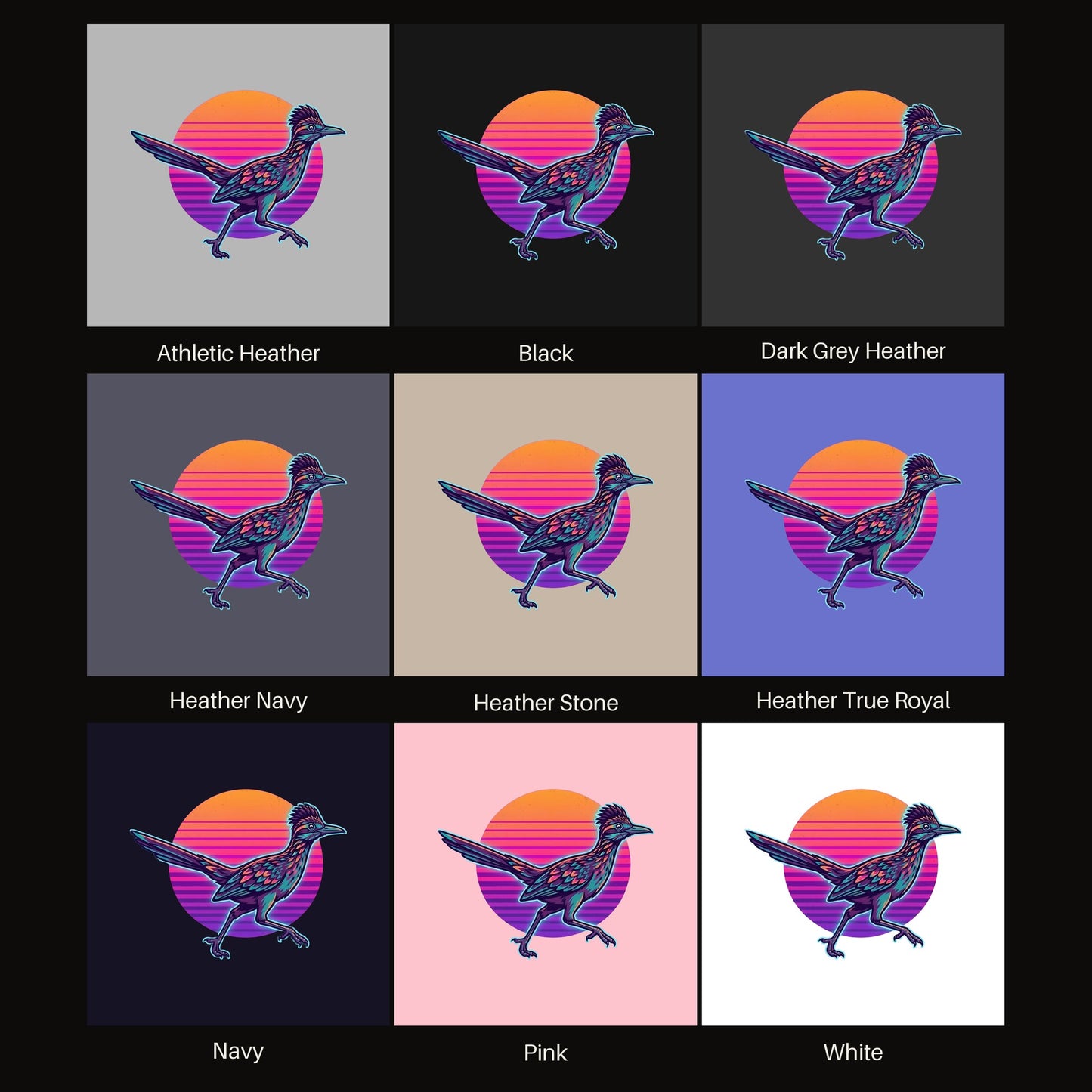 Synthwave Roadrunner Sunset tee shown in all available colors