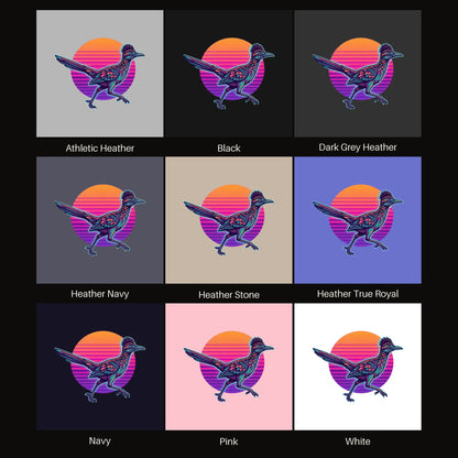 Synthwave Roadrunner Sunset tee shown in all available colors