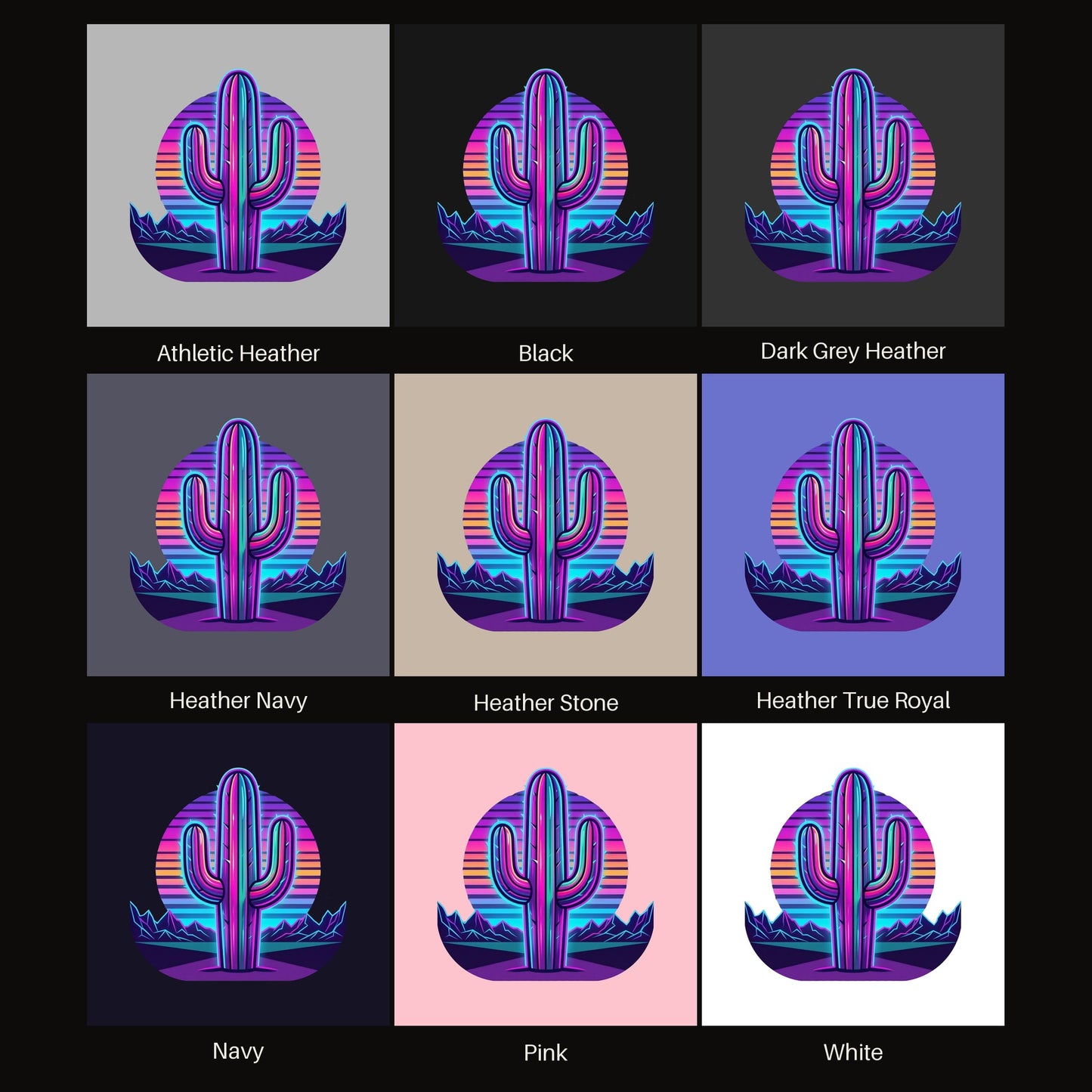 Neon Saguaro Synthwave tee shown in all available colors