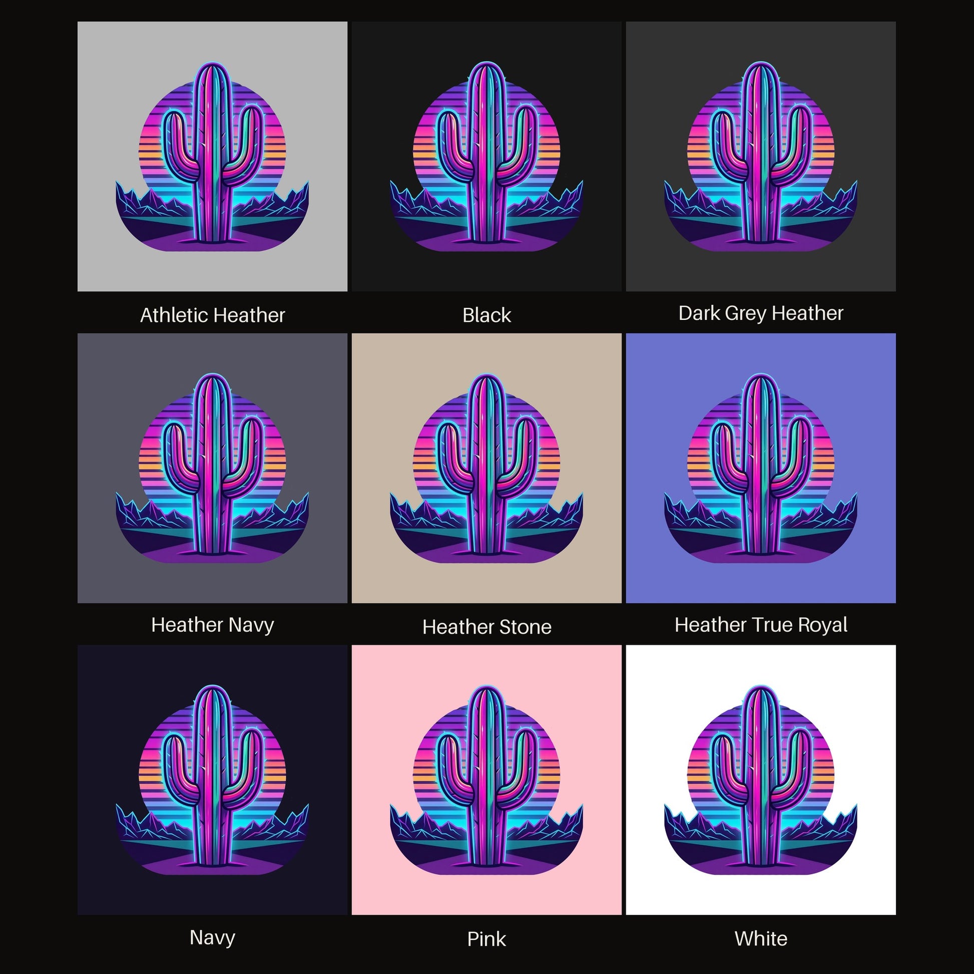Neon Saguaro Synthwave tee shown in all available colors