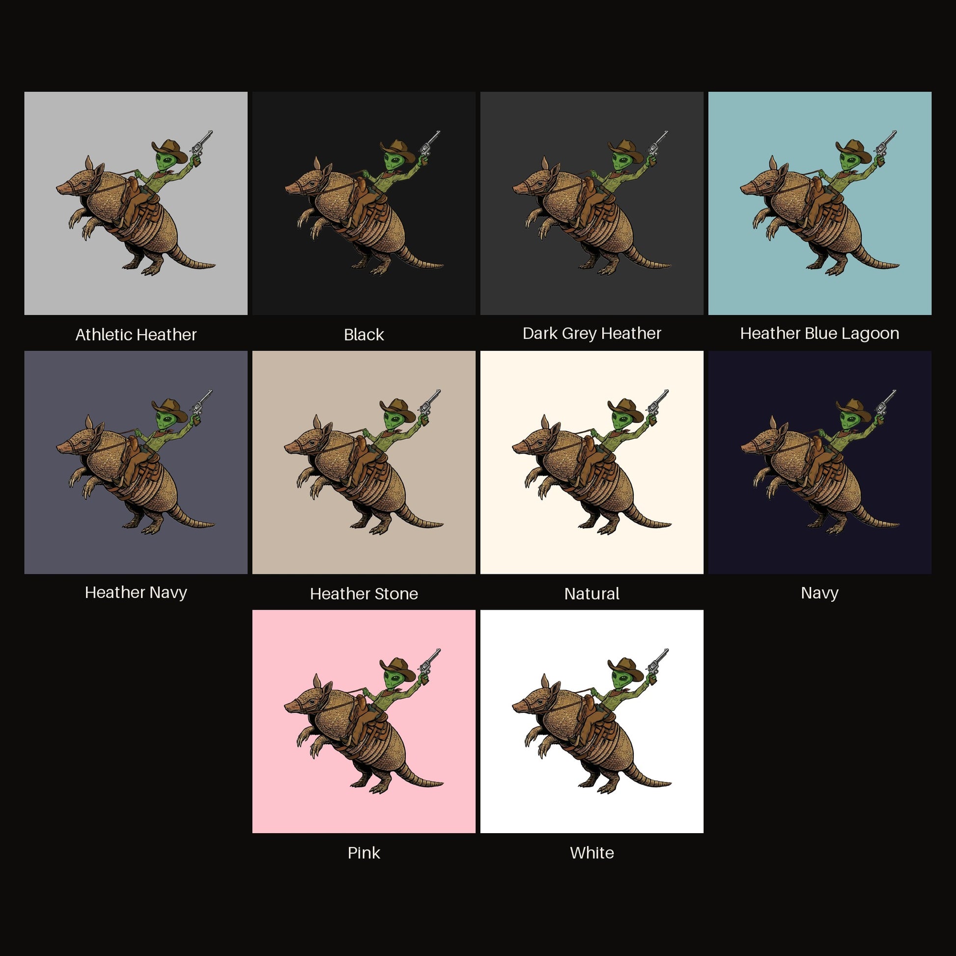 Alien Cowboy Armadillo Rider tee shown in all available colors