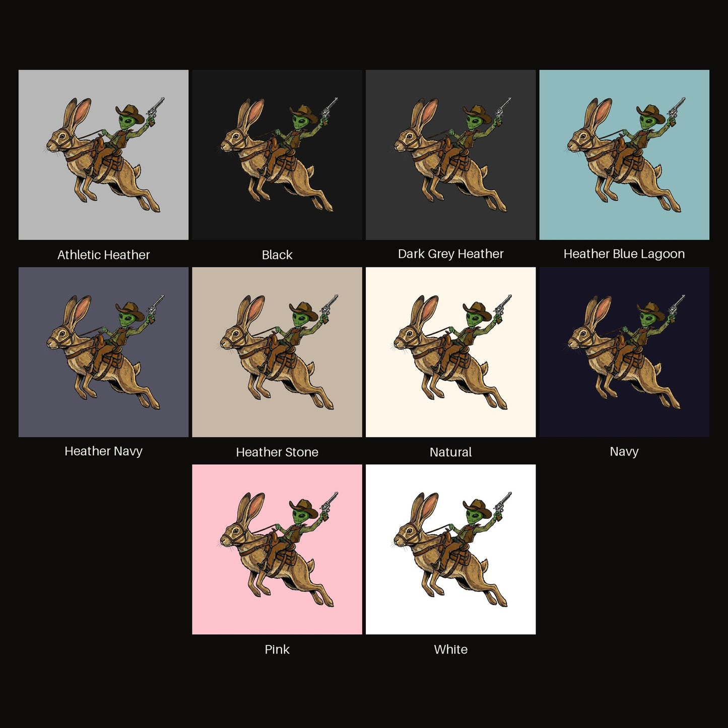 Alien Cowboy Jack Rabbit tee shown in all available colors