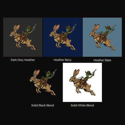 Alien Cowboy on a Desert Hare V-neck tee shown in all available colors