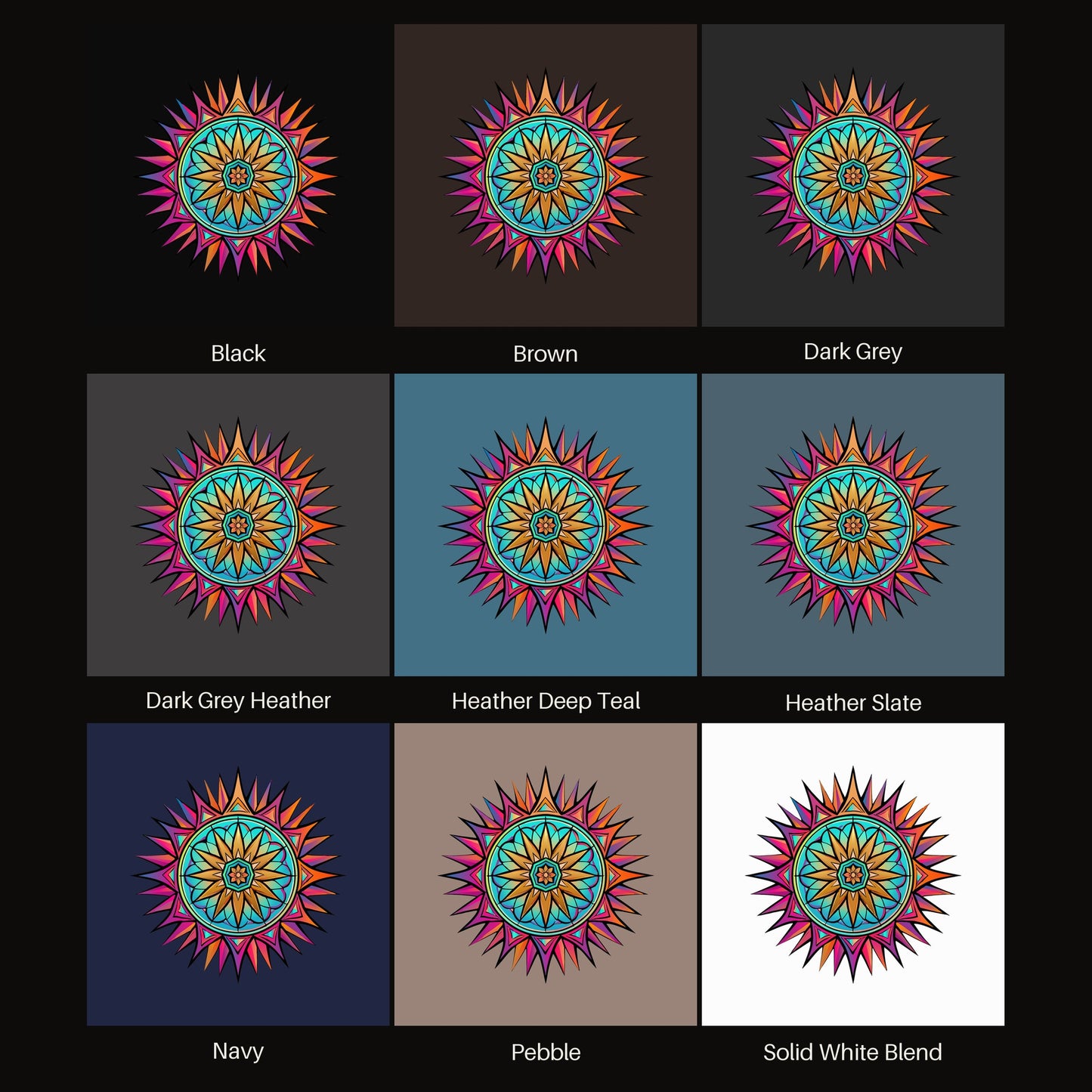Neon Gradient Mandala tee shown in all available colors