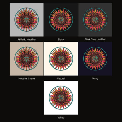Teal Ring Sunset Mandala tee shown in all available colors