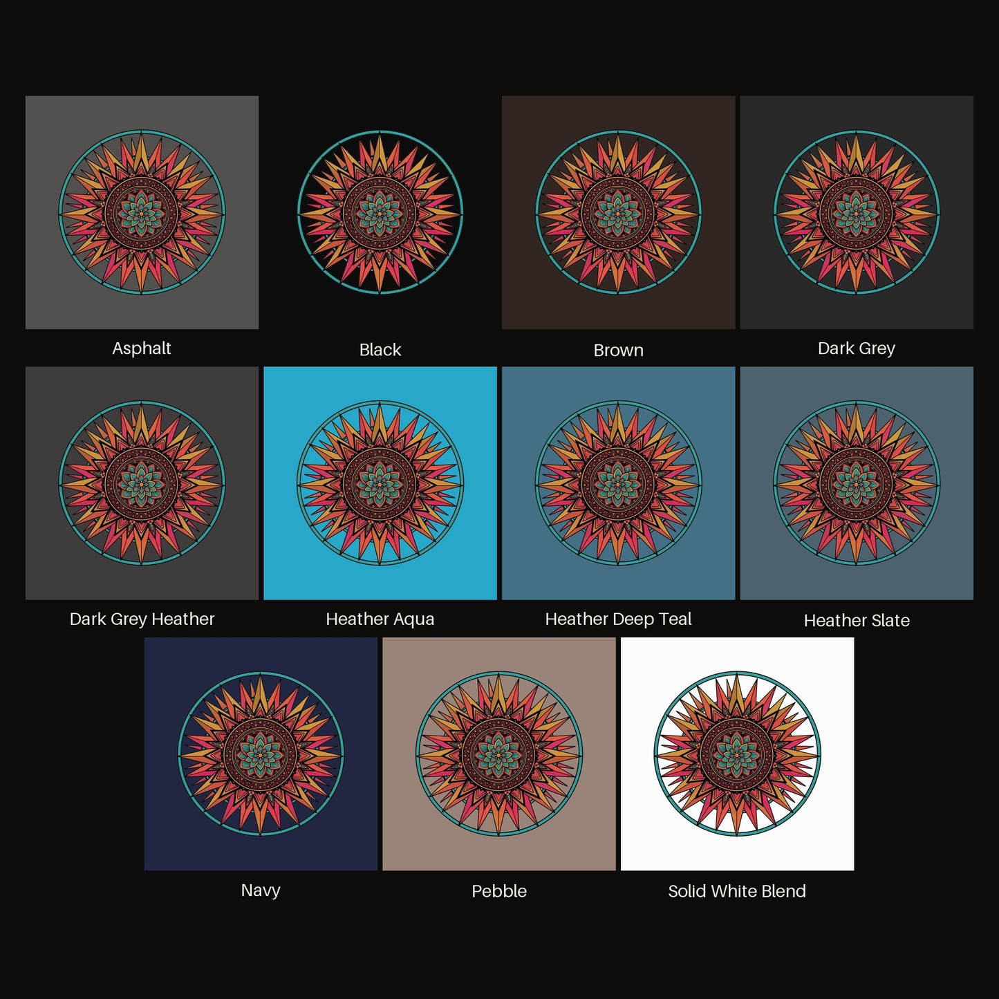 Sunset Mandala tee shown in all available colors