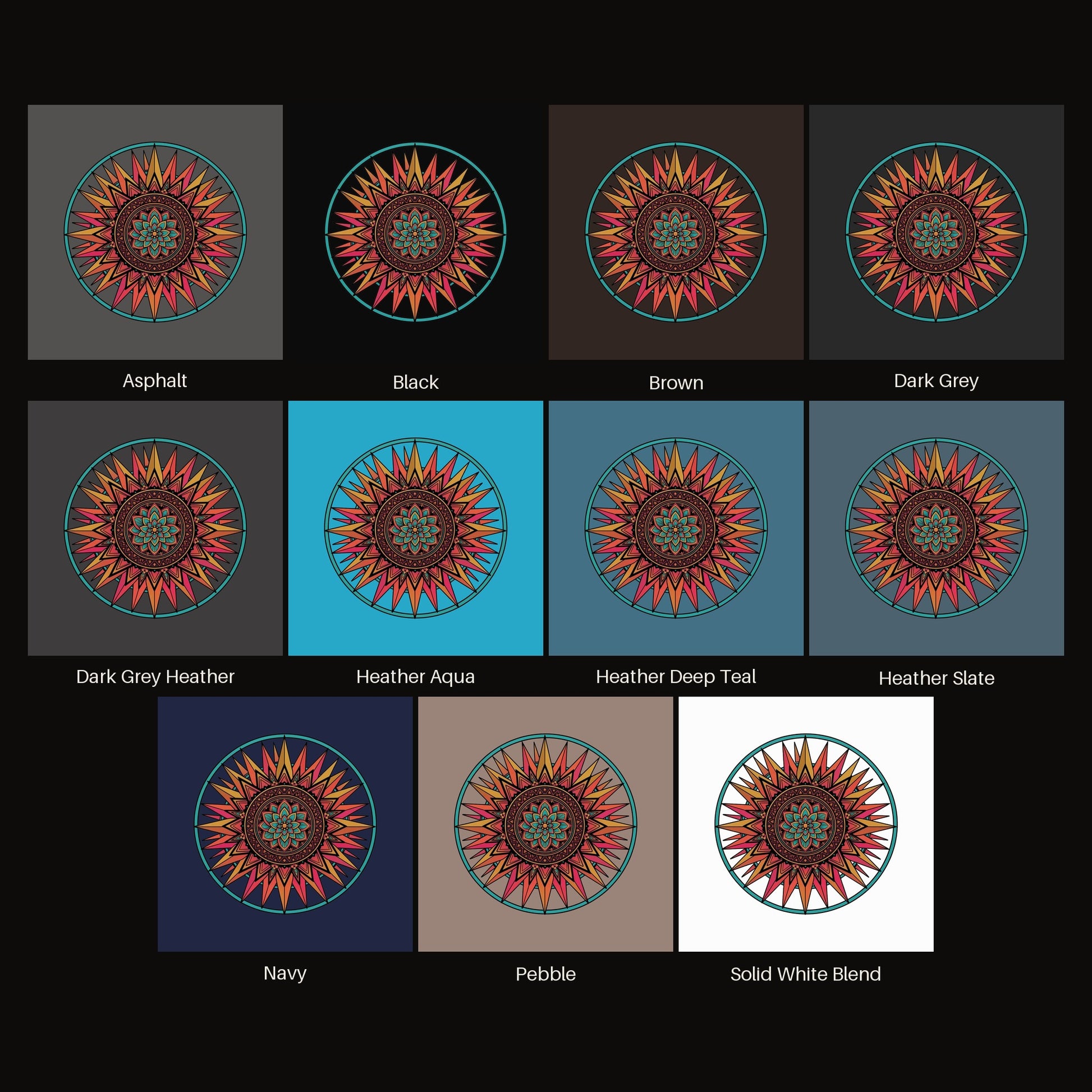 Sunset Mandala tee shown in all available colors