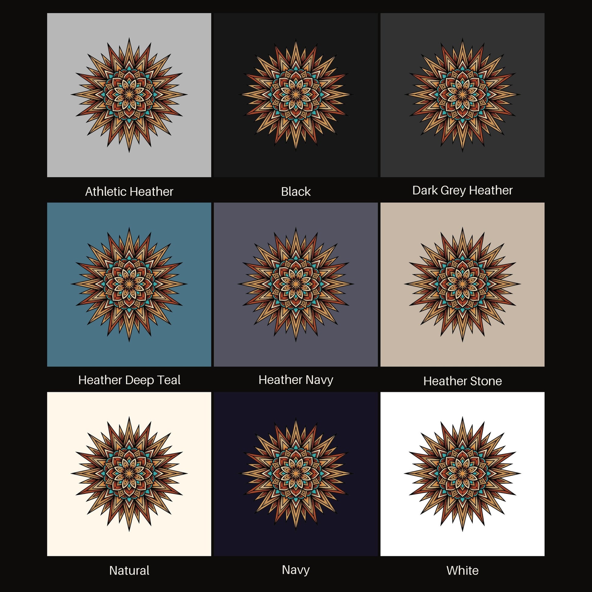 Desert Sun Mandala tee shown in all available colors