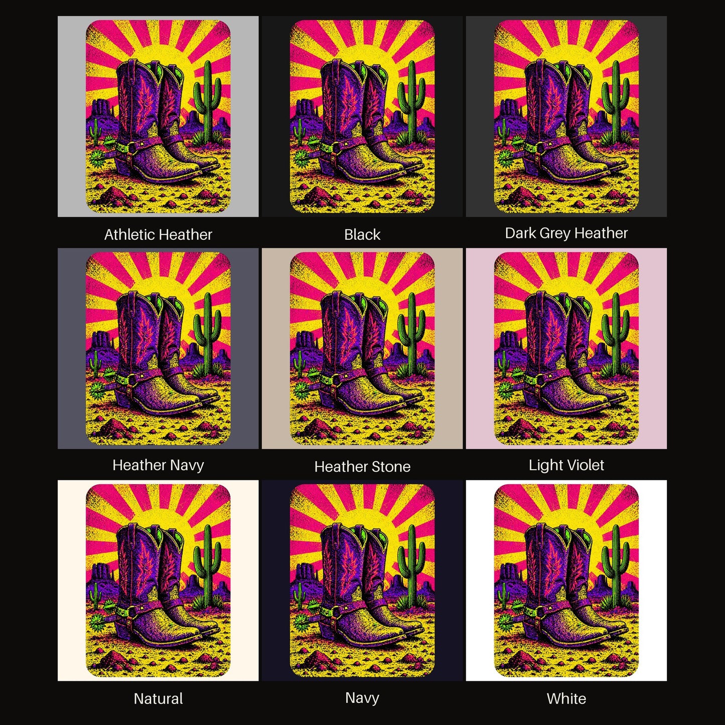 Neon Sunburst Boots tee shown in all available colors