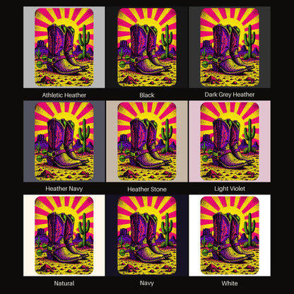 Neon Sunburst Boots tee shown in all available colors
