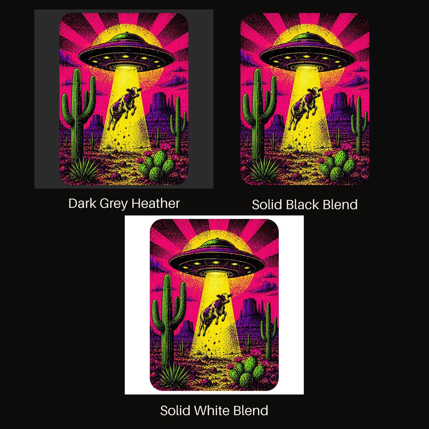 Neon Cow Abduction V-neck tee shown in all available colors