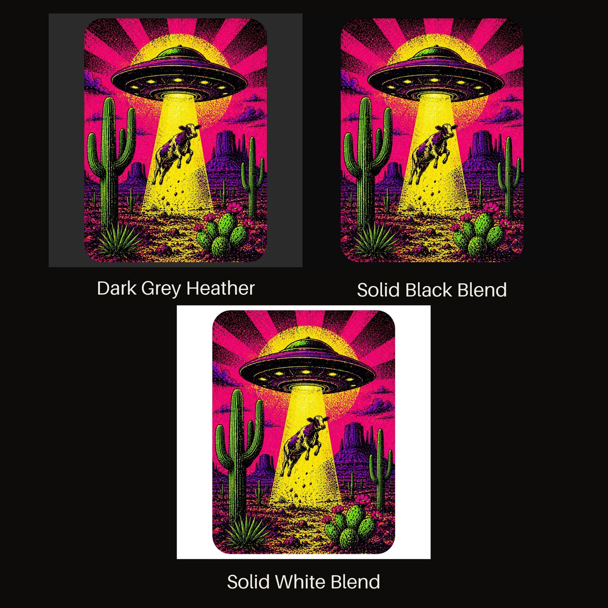 Neon Cow Abduction V-neck tee shown in all available colors