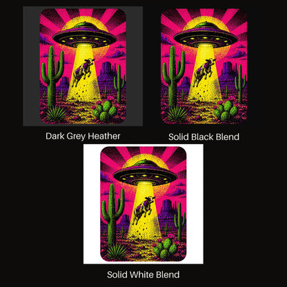 Neon Cow Abduction V-neck tee shown in all available colors