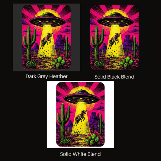 Neon Cow Abduction V-neck tee shown in all available colors