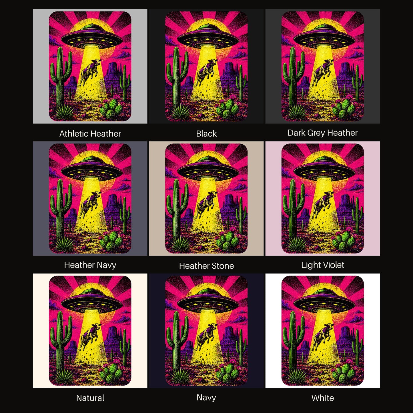 Neon Cow Abduction tee shown in all available colors