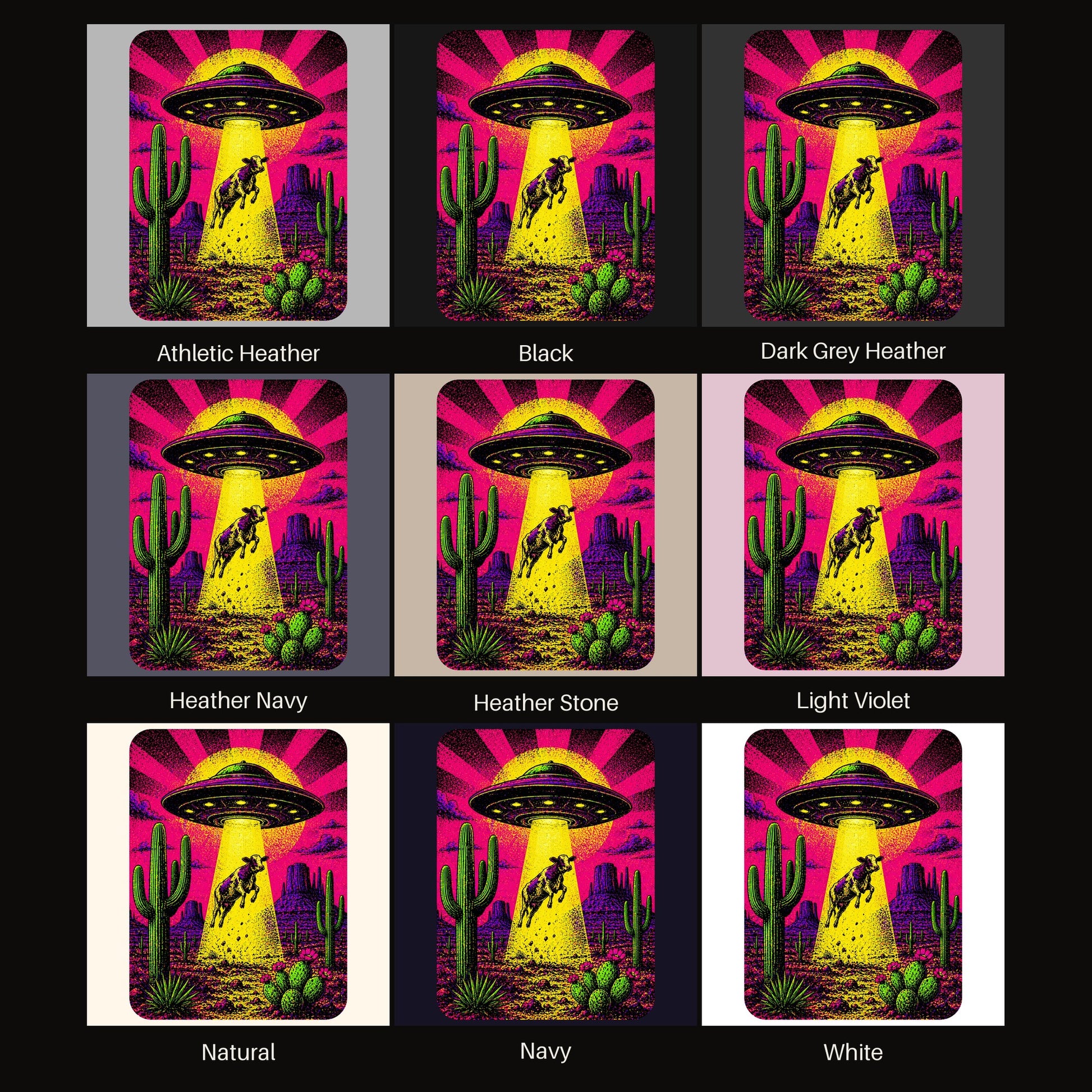 Neon Cow Abduction tee shown in all available colors