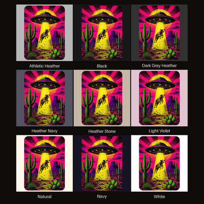 Neon Cow Abduction tee shown in all available colors