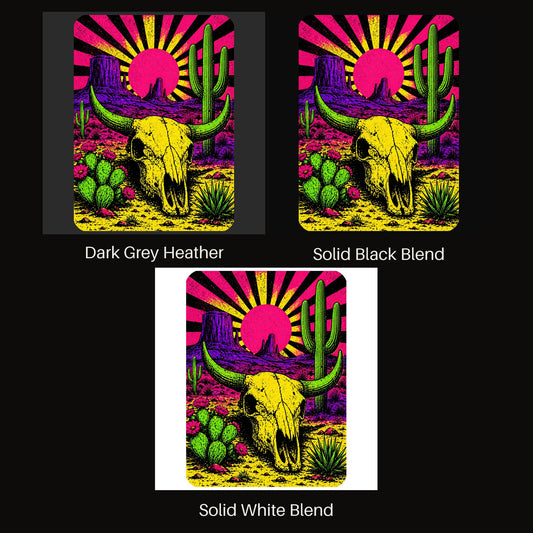 Neon Blacklight Cow Skull V-neck tee shown in all available colors
