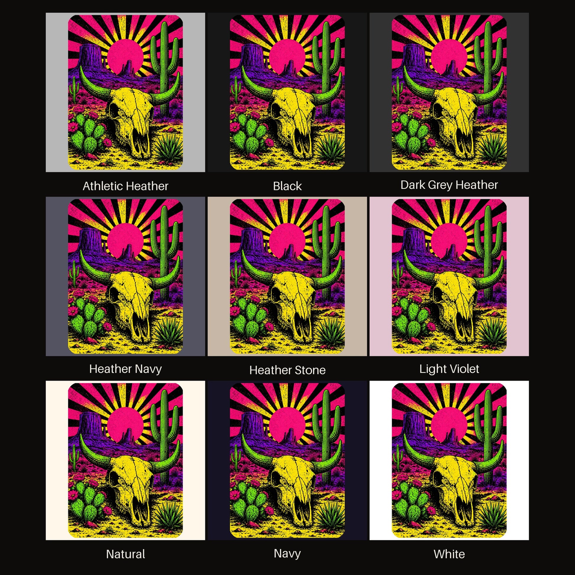Neon Skull Sunburst Desert tee shown in all available colors