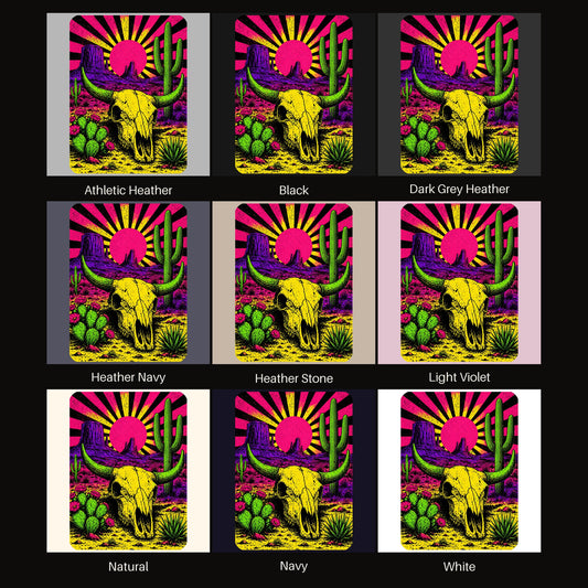 Neon Skull Sunburst Desert tee shown in all available colors